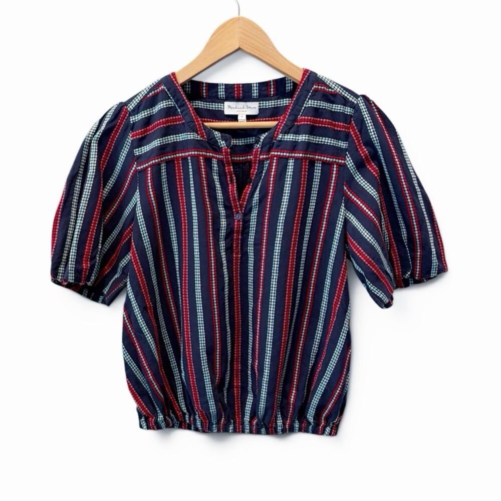 Michael Stars Embroidered Stripe Puff Sleeve Bubble Hem Top Navy Red Boho M